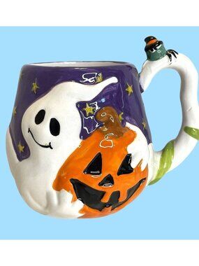 Halloween Blue Coffee Cup 3D Spooky White Ghost Tea Soup Mug Pumpkin Spider